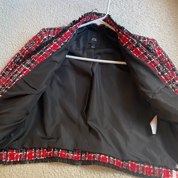 River Island Red Check Boucle 3/4 Sleeve Jacket - Picture 6 of 6